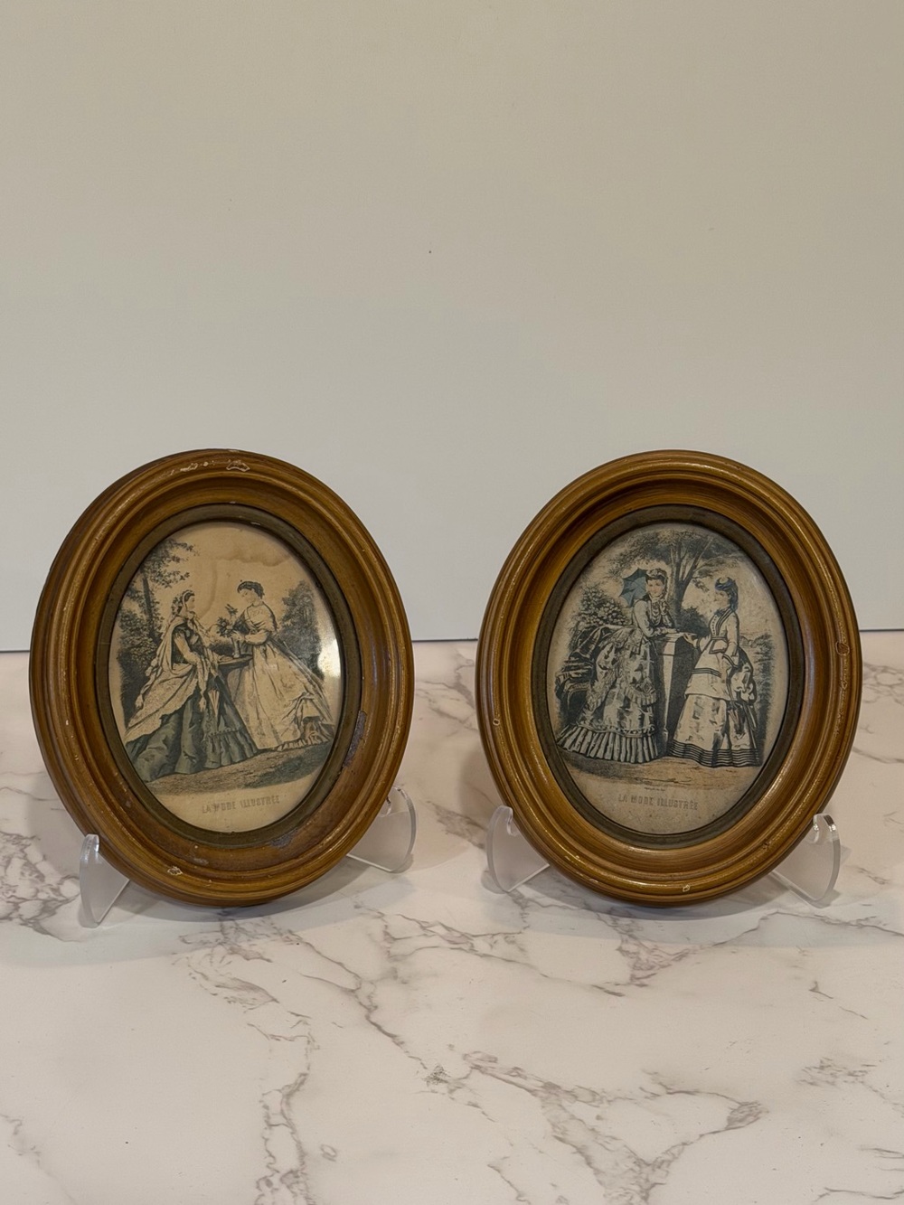 Antique French Fashion Prints in Oval Wood Frames La Mode Illustrée 6” Set of 2